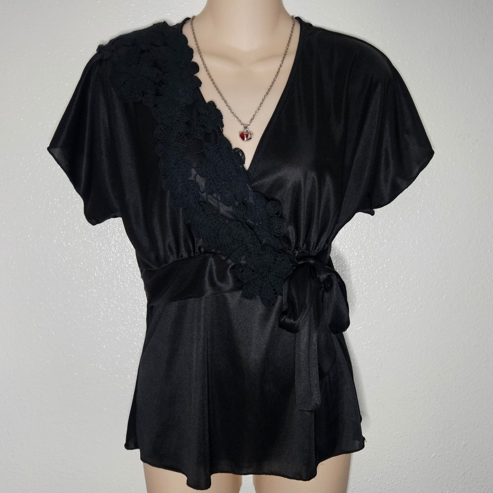 Lily White‎ Black Satin Wrap Top Tie Waist Blouse